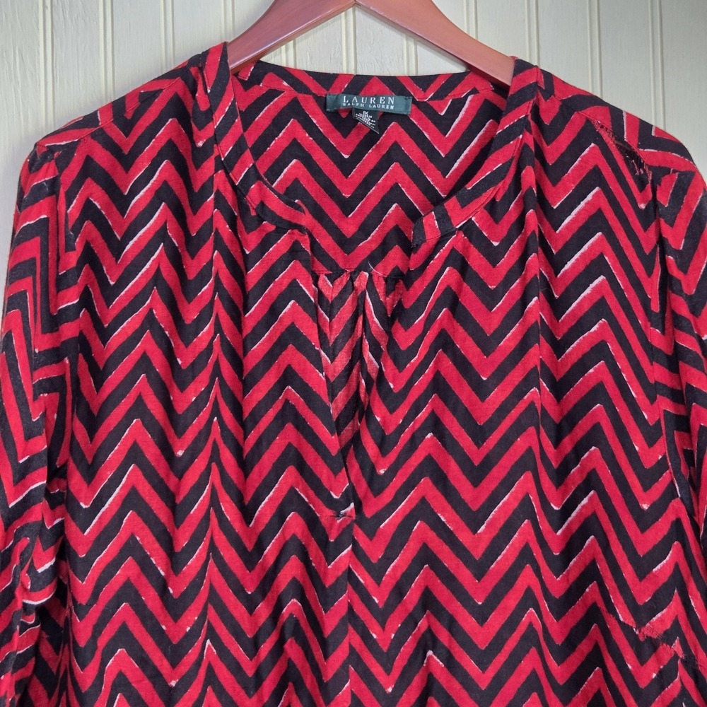 Lauren Ralph Lauren Blouse Womens 1X Plus Red V Neck Long Sleeve Geometric Tunic